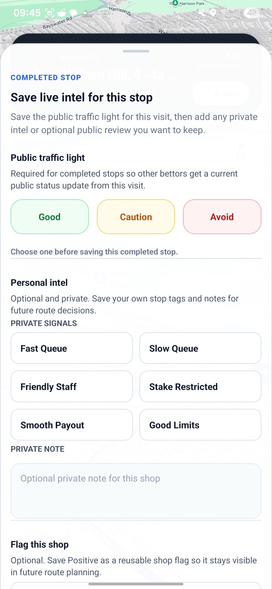 Bet Navigator shop intel page showing saved status and notes for a bookmaker