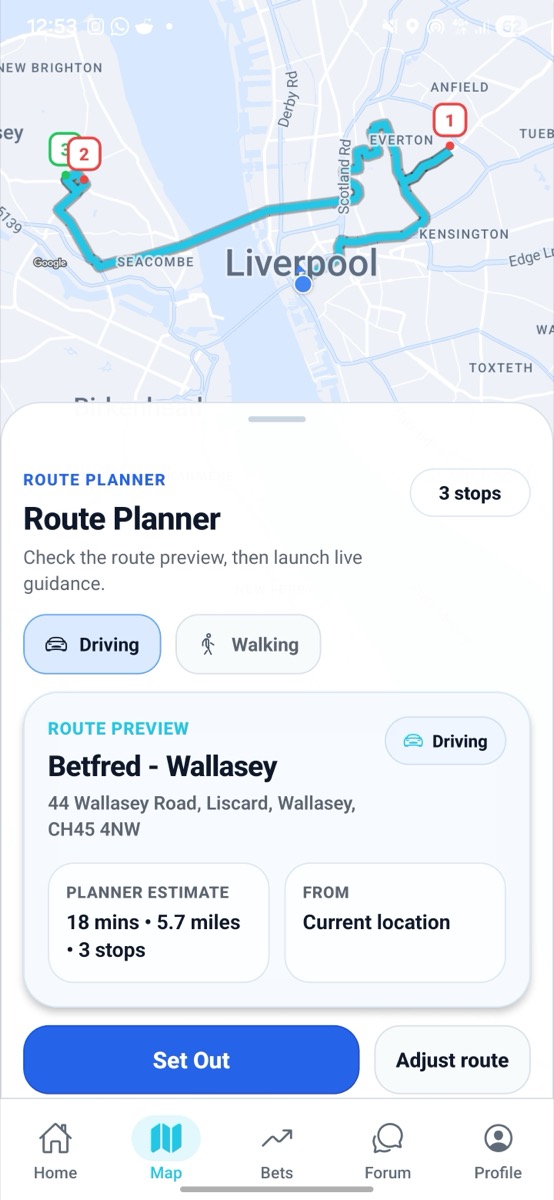 Bet Navigator route optimised into order and ready to set out