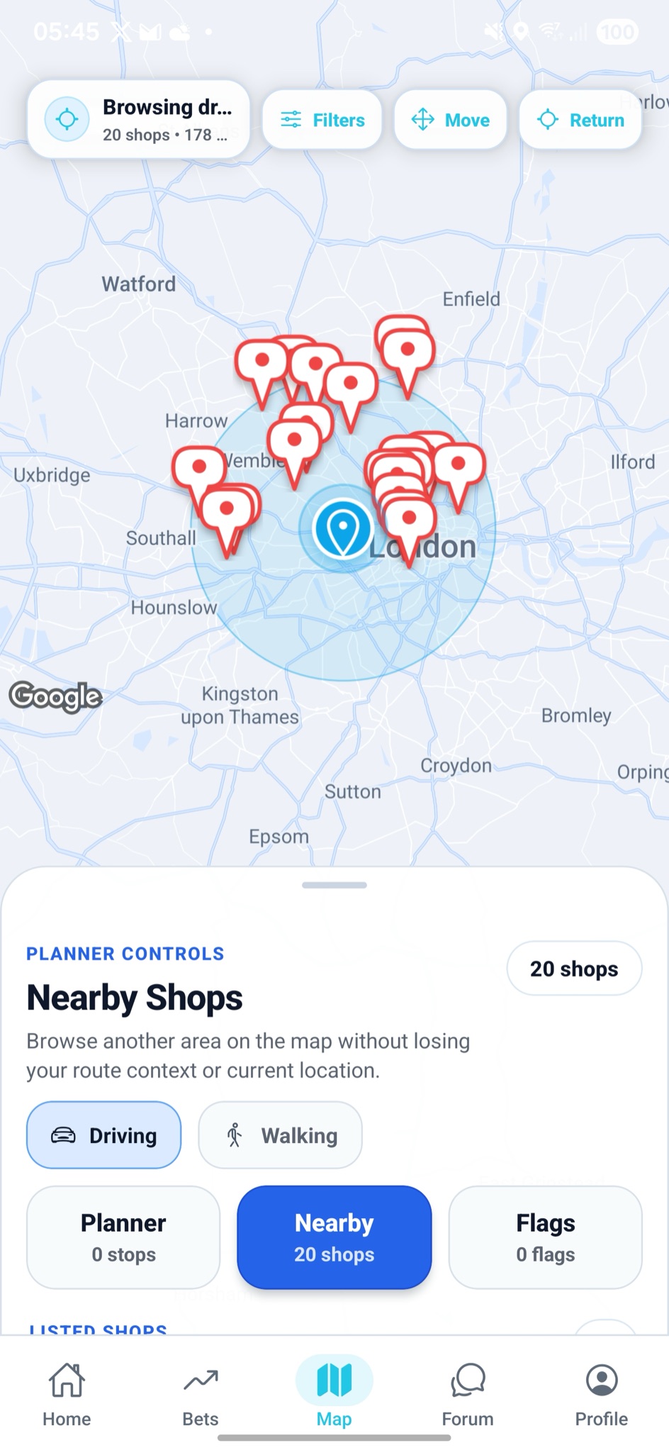 Bet Navigator map showing red traffic-light shops — stake-restricted, banned, or refusing matched bettors